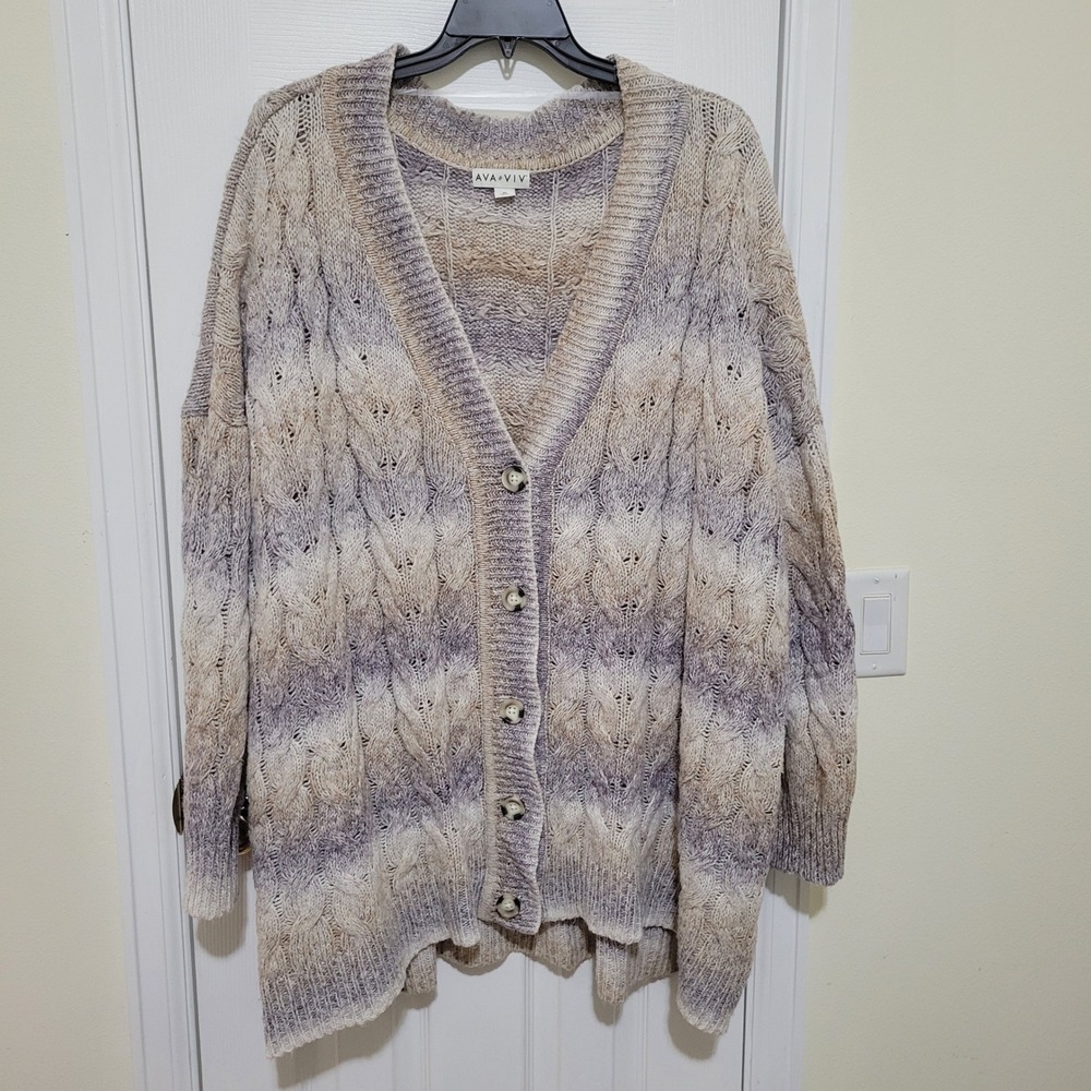 Ava & Viv Womens 4X Cardigan Sweater Cable Knit Purple Tan Longline V-Neck